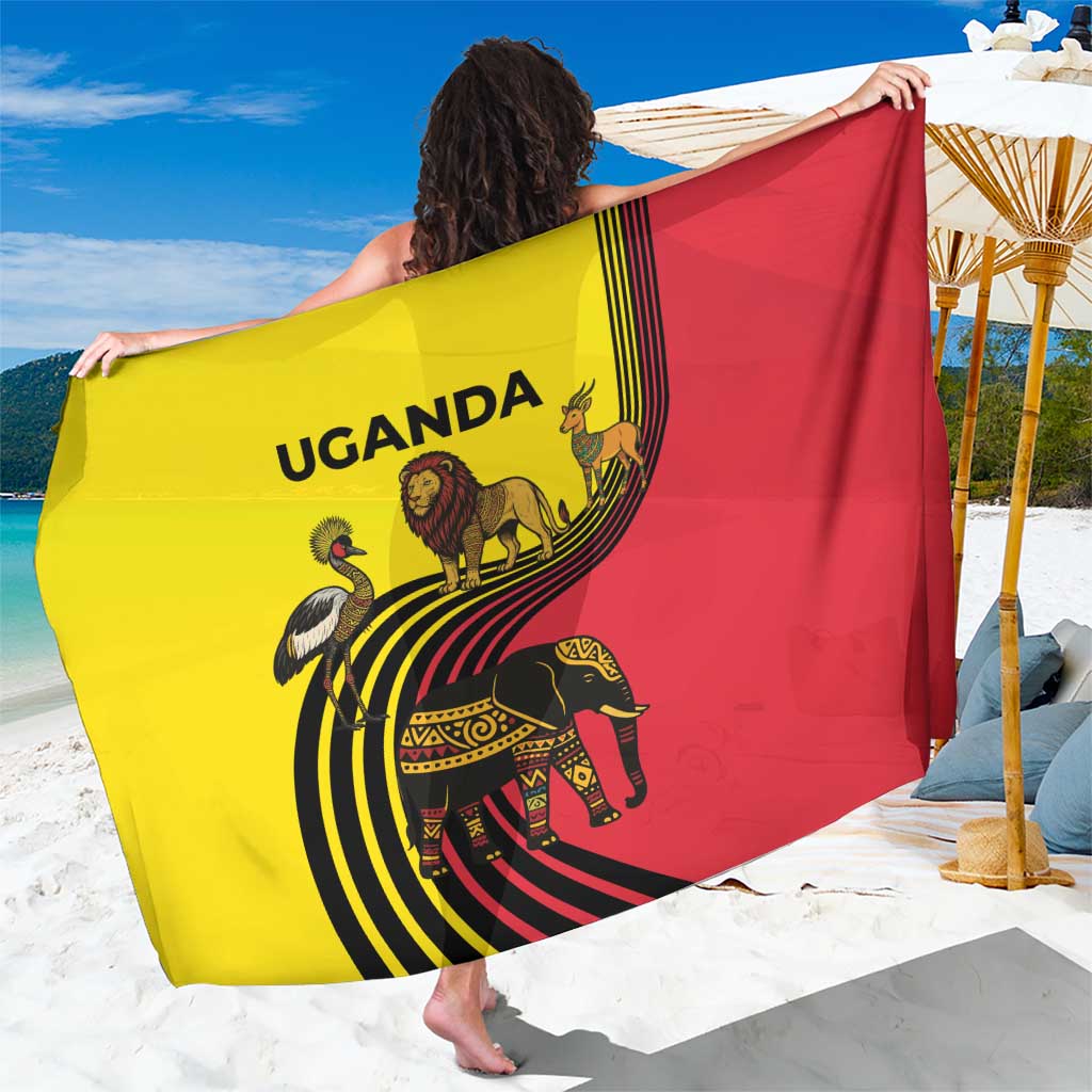 Uganda Sarong with African Wildlife Elephant Lion and Crane in Tribal Pattern Design