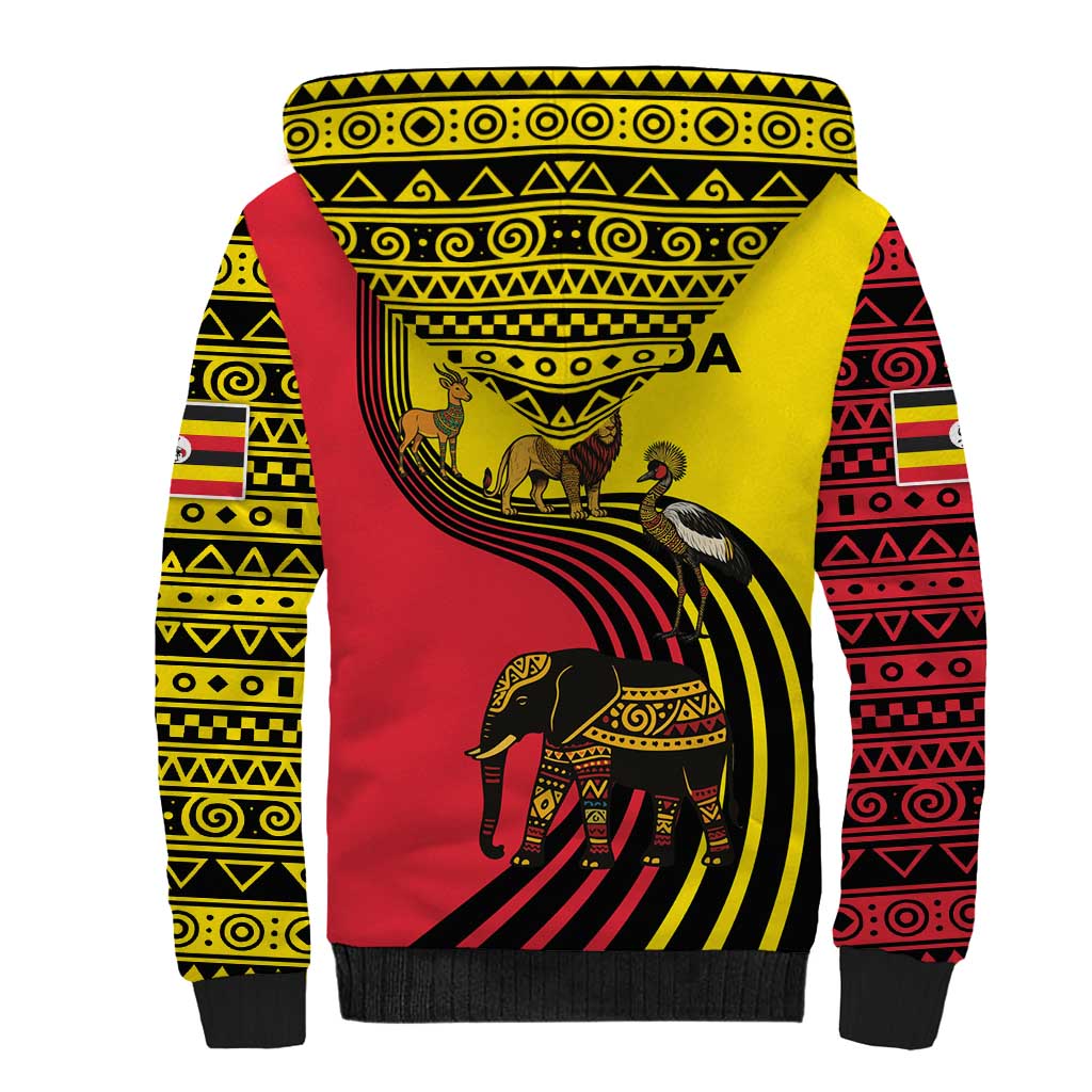 Uganda Sherpa Hoodie with African Wildlife Elephant Lion and Crane in Tribal Pattern Design