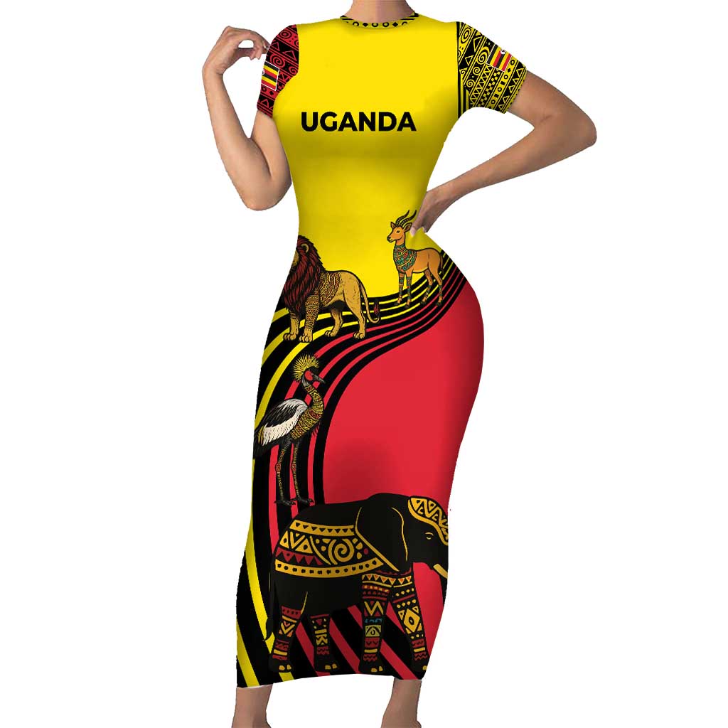 Uganda Short Sleeve Bodycon Dress with African Wildlife Elephant Lion and Crane in Tribal Pattern Design