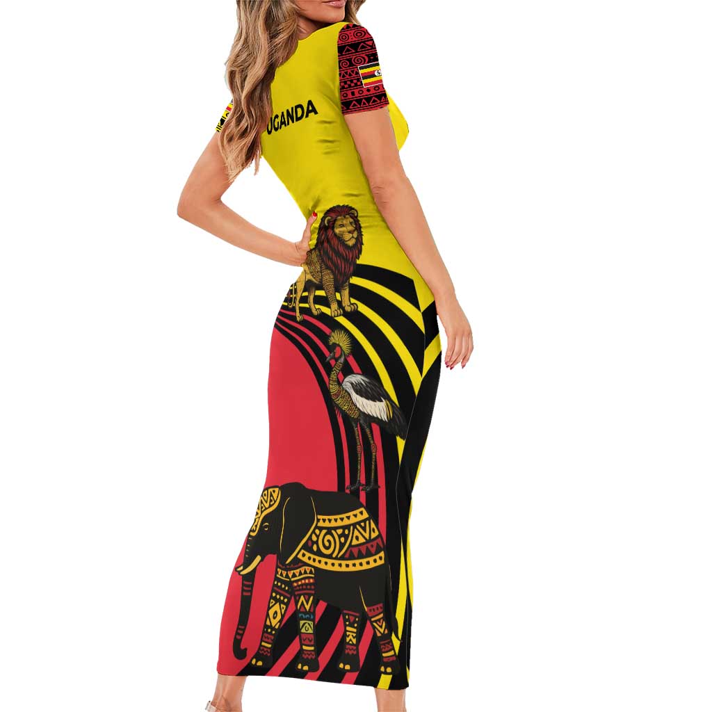 Uganda Short Sleeve Bodycon Dress with African Wildlife Elephant Lion and Crane in Tribal Pattern Design