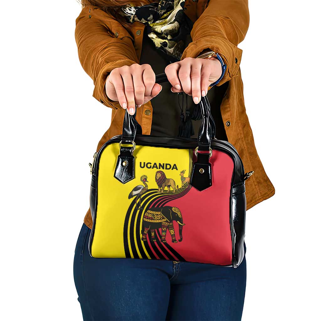Uganda Shoulder Handbag with African Wildlife Elephant Lion and Crane in Tribal Pattern Design
