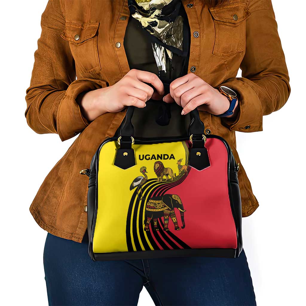 Uganda Shoulder Handbag with African Wildlife Elephant Lion and Crane in Tribal Pattern Design