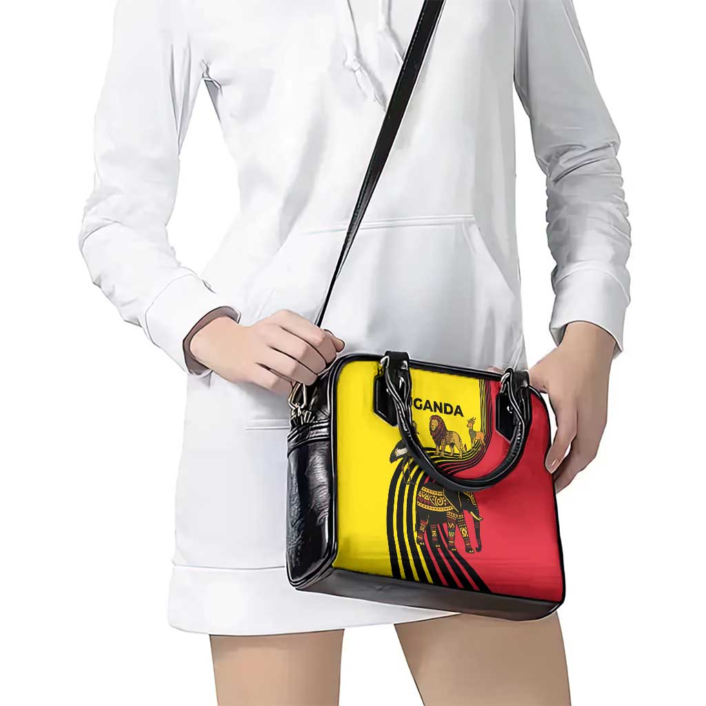 Uganda Shoulder Handbag with African Wildlife Elephant Lion and Crane in Tribal Pattern Design