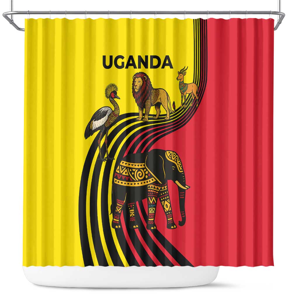 Uganda Shower Curtain with African Wildlife Elephant Lion and Crane in Tribal Pattern Design