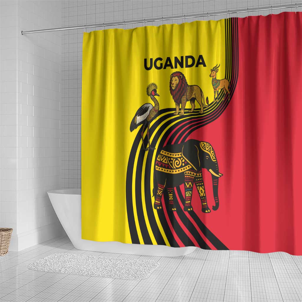 Uganda Shower Curtain with African Wildlife Elephant Lion and Crane in Tribal Pattern Design