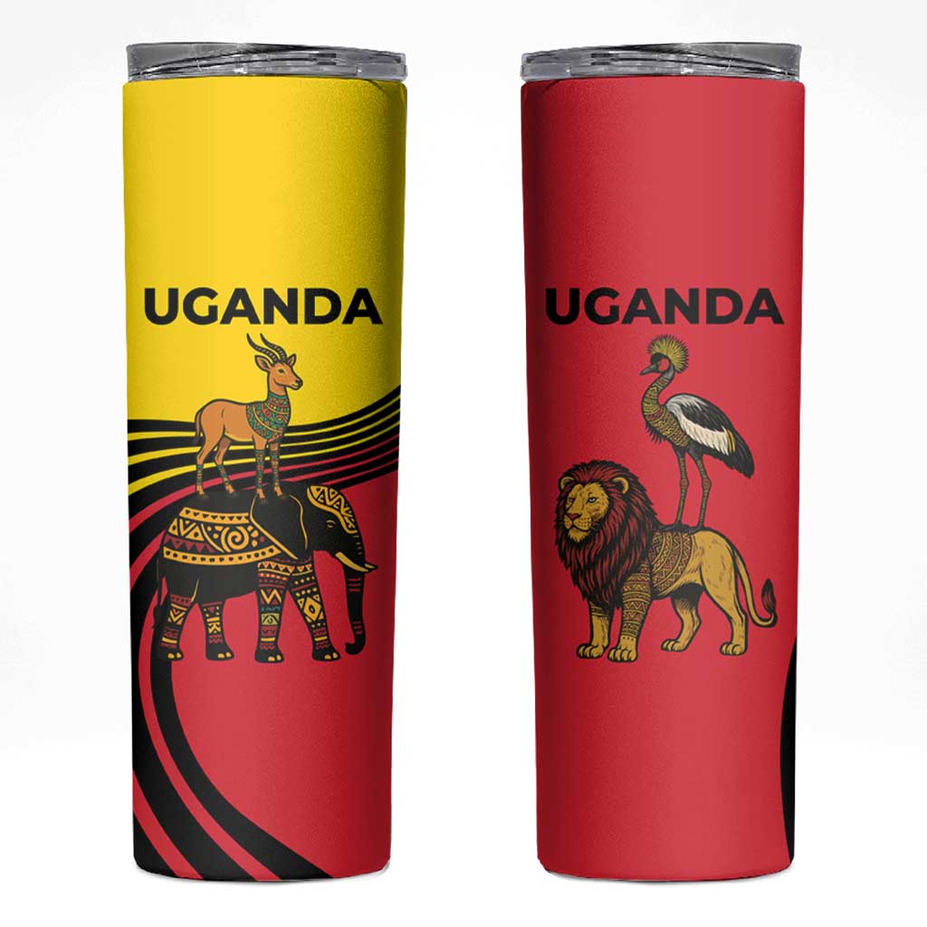 Uganda Skinny Tumbler with African Wildlife Elephant Lion and Crane in Tribal Pattern Design