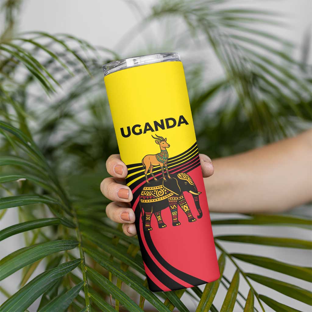 Uganda Skinny Tumbler with African Wildlife Elephant Lion and Crane in Tribal Pattern Design