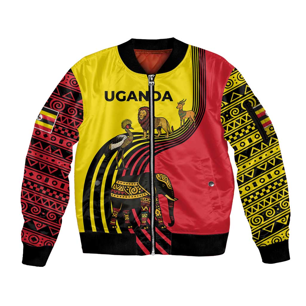 Uganda Sleeve Zip Bomber Jacket with African Wildlife Elephant Lion and Crane in Tribal Pattern Design