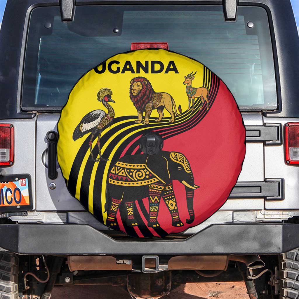 Uganda Spare Tire Cover with African Wildlife Elephant Lion and Crane in Tribal Pattern Design