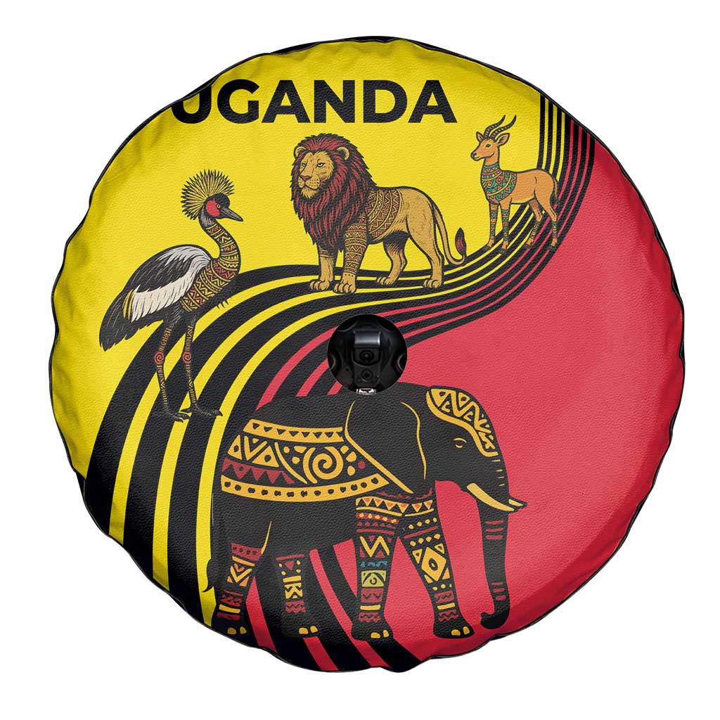 Uganda Spare Tire Cover with African Wildlife Elephant Lion and Crane in Tribal Pattern Design