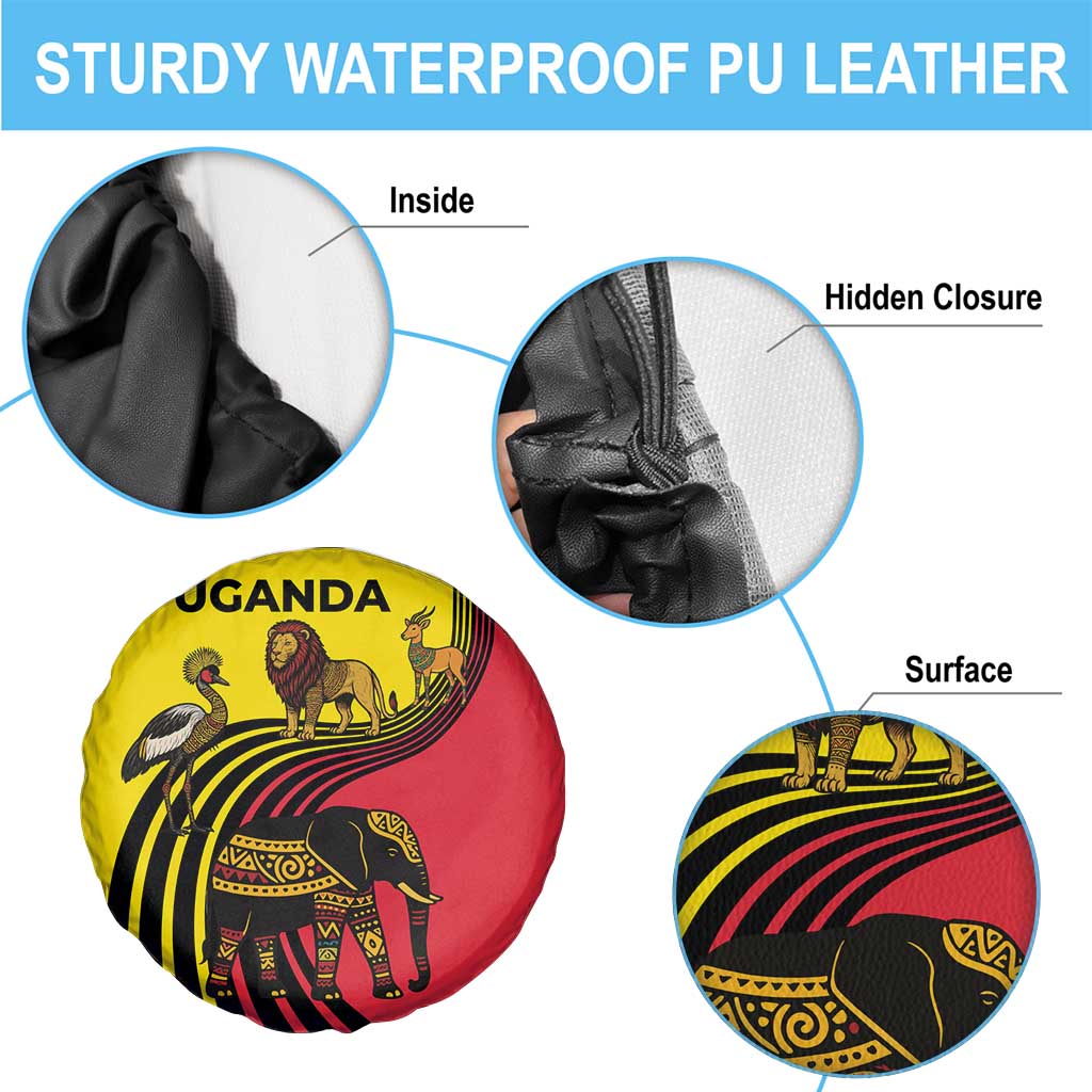 Uganda Spare Tire Cover with African Wildlife Elephant Lion and Crane in Tribal Pattern Design