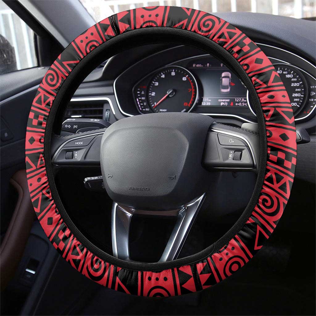 Uganda Steering Wheel Cover with African Wildlife Elephant Lion and Crane in Tribal Pattern Design