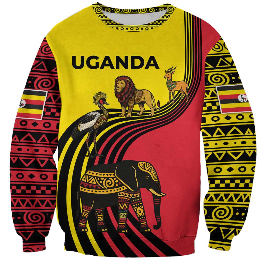 Uganda Sweatshirt with African Wildlife Elephant Lion and Crane in Tribal Pattern Design