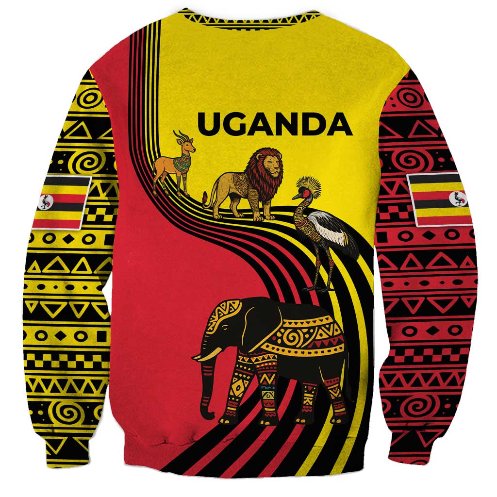 Uganda Sweatshirt with African Wildlife Elephant Lion and Crane in Tribal Pattern Design