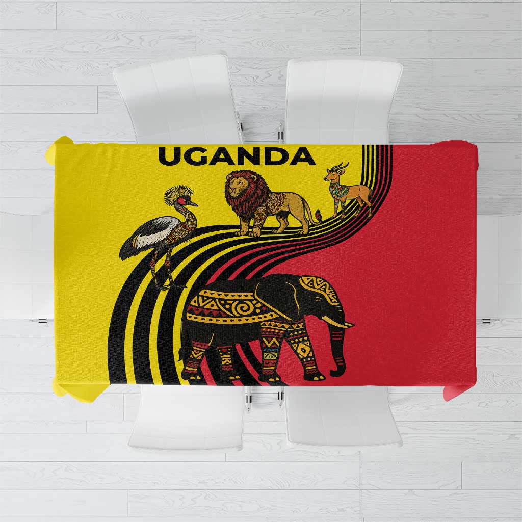 Uganda Tablecloth with African Wildlife Elephant Lion and Crane in Tribal Pattern Design