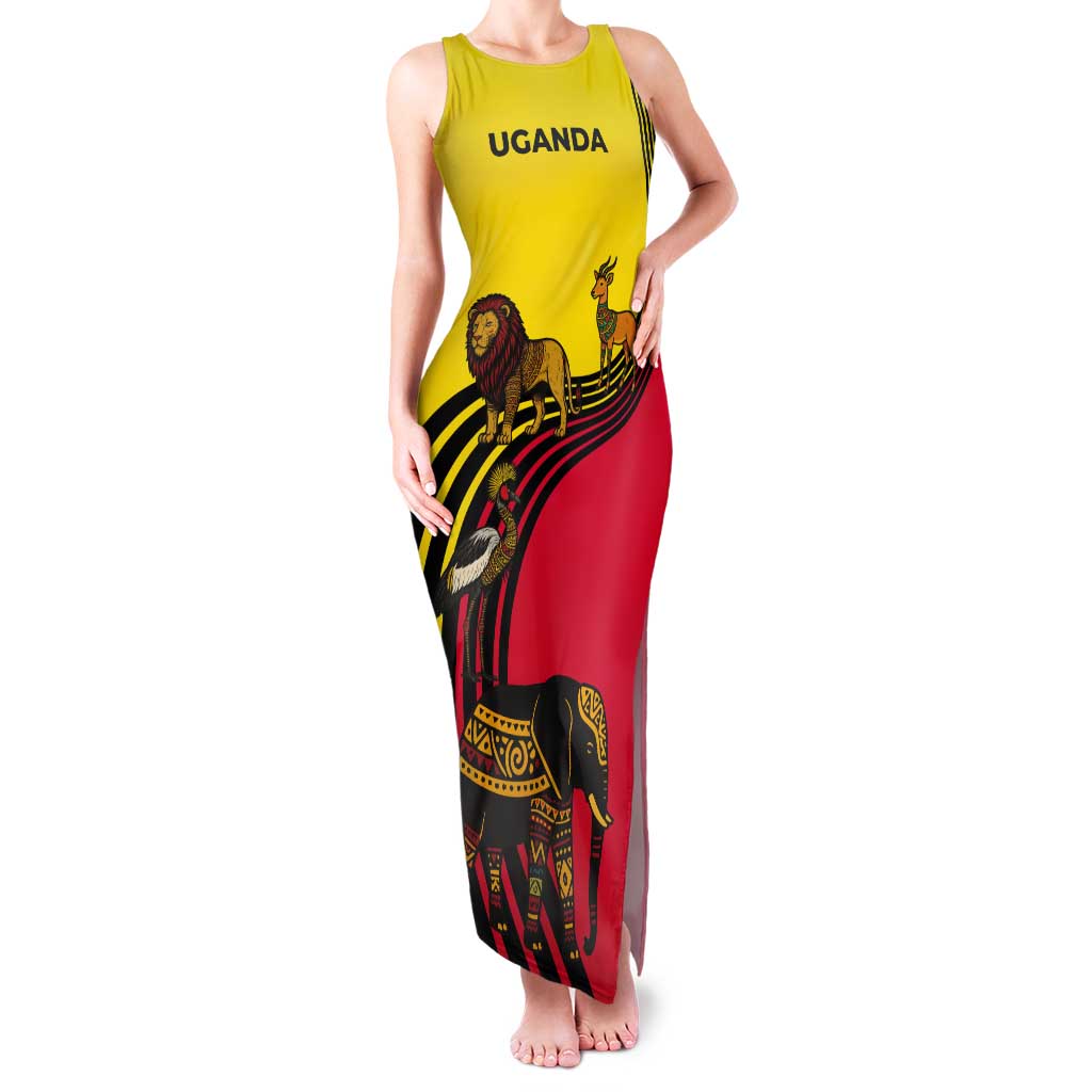 Uganda Tank Maxi Dress with African Wildlife Elephant Lion and Crane in Tribal Pattern Design