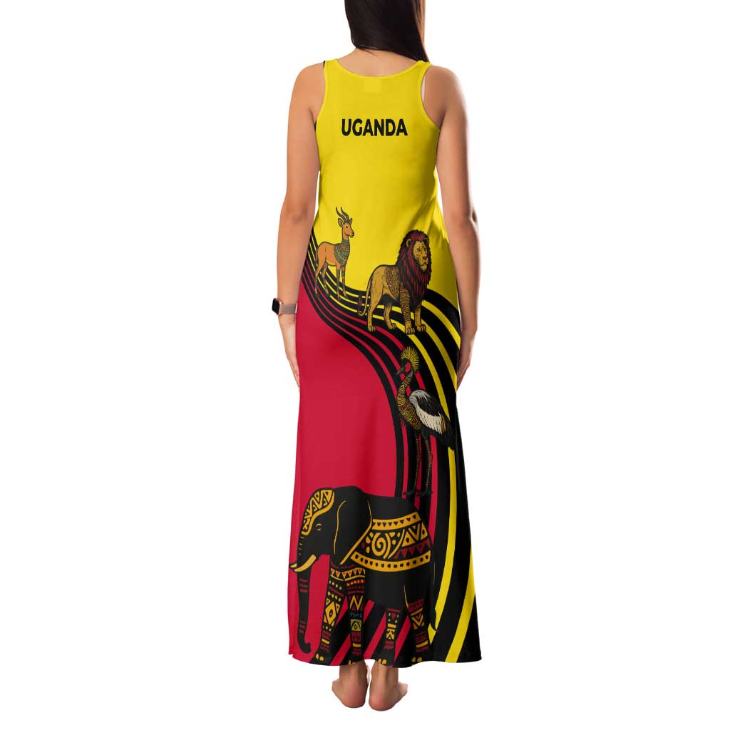 Uganda Tank Maxi Dress with African Wildlife Elephant Lion and Crane in Tribal Pattern Design