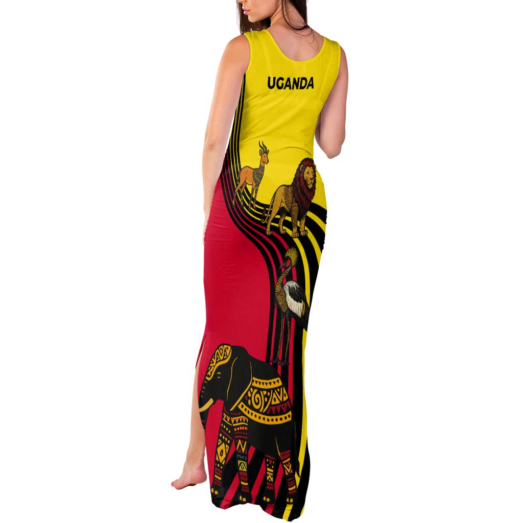 Uganda Tank Maxi Dress with African Wildlife Elephant Lion and Crane in Tribal Pattern Design