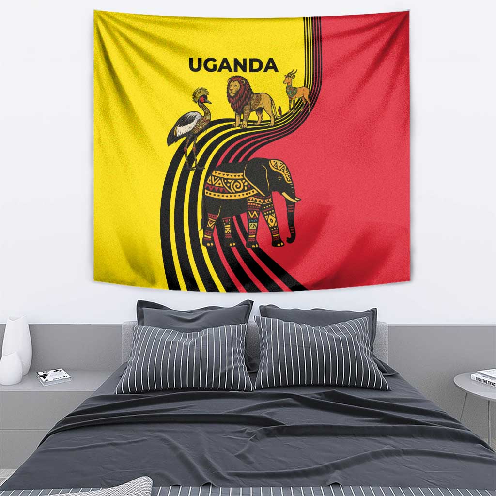 Uganda Tapestry with African Wildlife Elephant Lion and Crane in Tribal Pattern Design