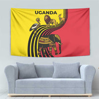 Uganda Tapestry with African Wildlife Elephant Lion and Crane in Tribal Pattern Design