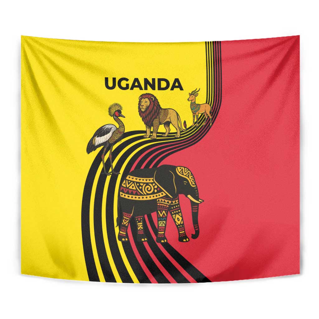 Uganda Tapestry with African Wildlife Elephant Lion and Crane in Tribal Pattern Design