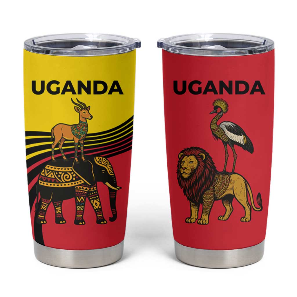 Uganda Tumbler Cup with African Wildlife Elephant Lion and Crane in Tribal Pattern Design