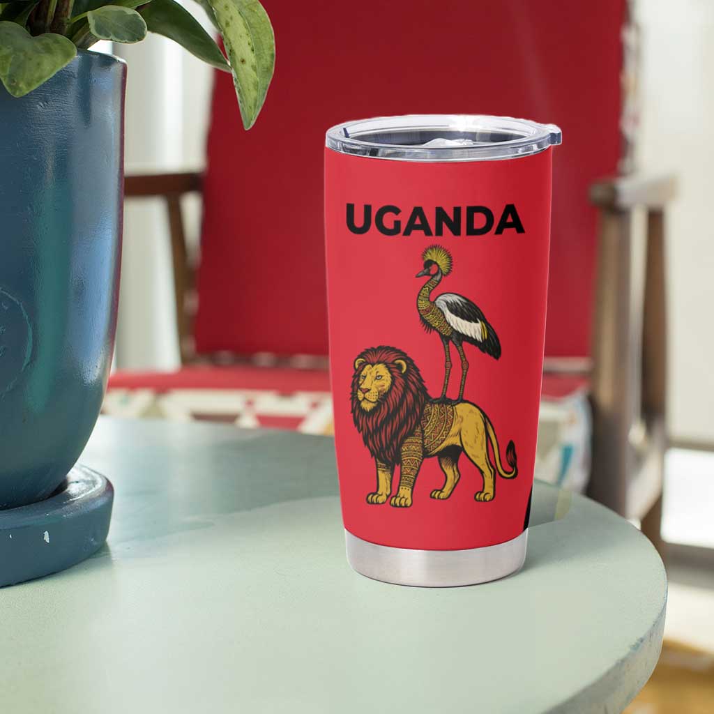 Uganda Tumbler Cup with African Wildlife Elephant Lion and Crane in Tribal Pattern Design