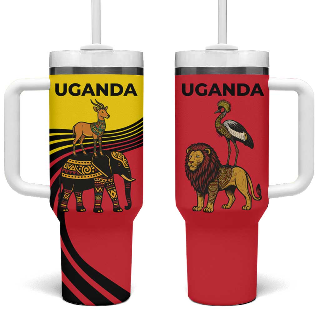 Uganda Tumbler With Handle with African Wildlife Elephant Lion and Crane in Tribal Pattern Design