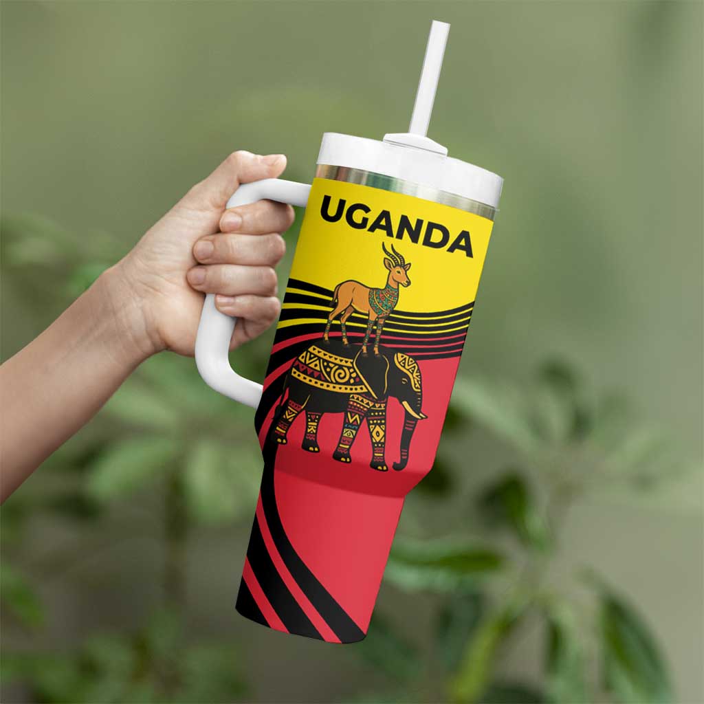 Uganda Tumbler With Handle with African Wildlife Elephant Lion and Crane in Tribal Pattern Design