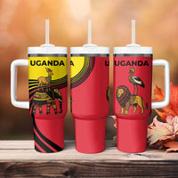 Uganda Tumbler With Handle with African Wildlife Elephant Lion and Crane in Tribal Pattern Design