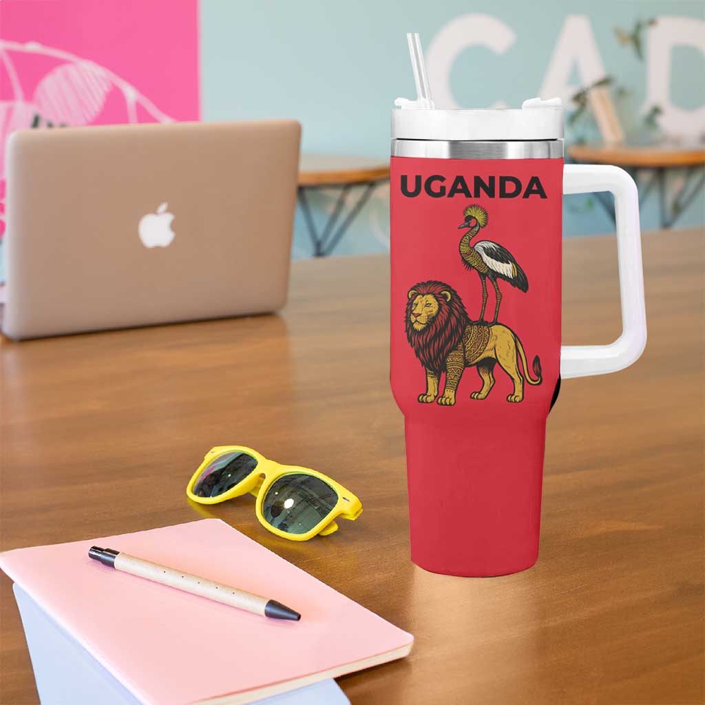 Uganda Tumbler With Handle with African Wildlife Elephant Lion and Crane in Tribal Pattern Design
