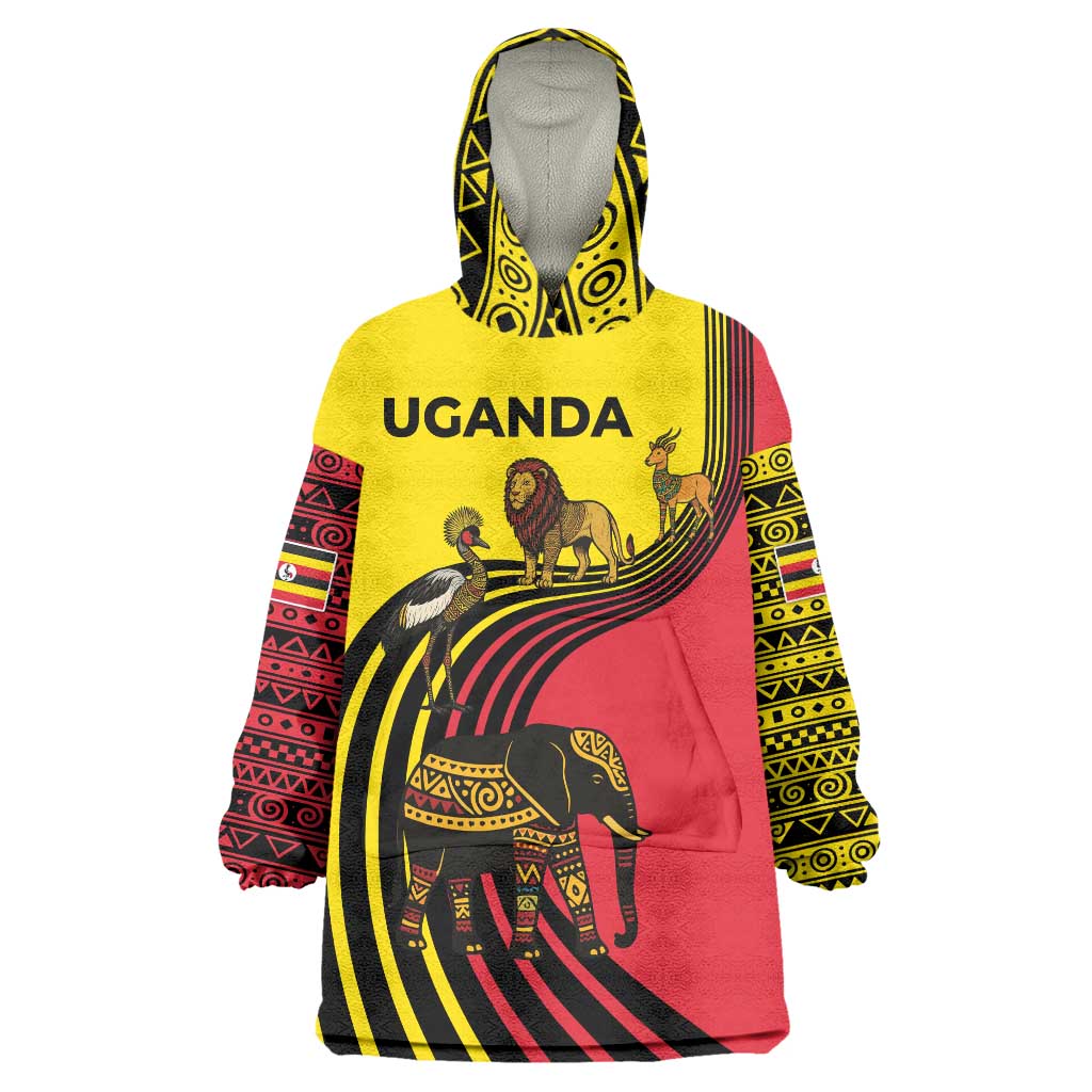 Uganda Wearable Blanket Hoodie with African Wildlife Elephant Lion and Crane in Tribal Pattern Design