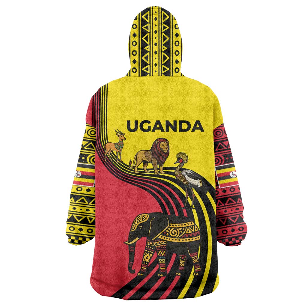 Uganda Wearable Blanket Hoodie with African Wildlife Elephant Lion and Crane in Tribal Pattern Design
