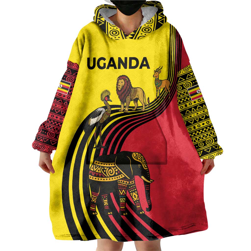 Uganda Wearable Blanket Hoodie with African Wildlife Elephant Lion and Crane in Tribal Pattern Design