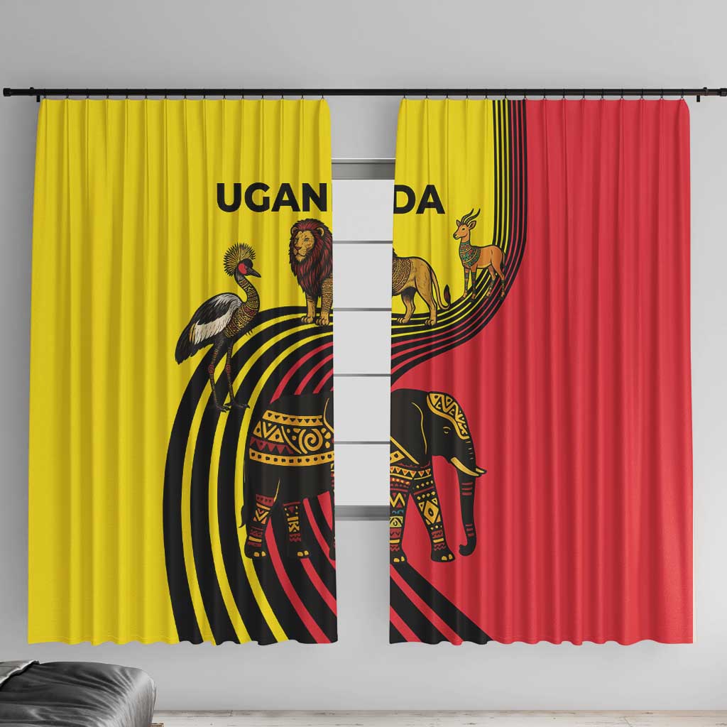 Uganda Window Curtain with African Wildlife Elephant Lion and Crane in Tribal Pattern Design