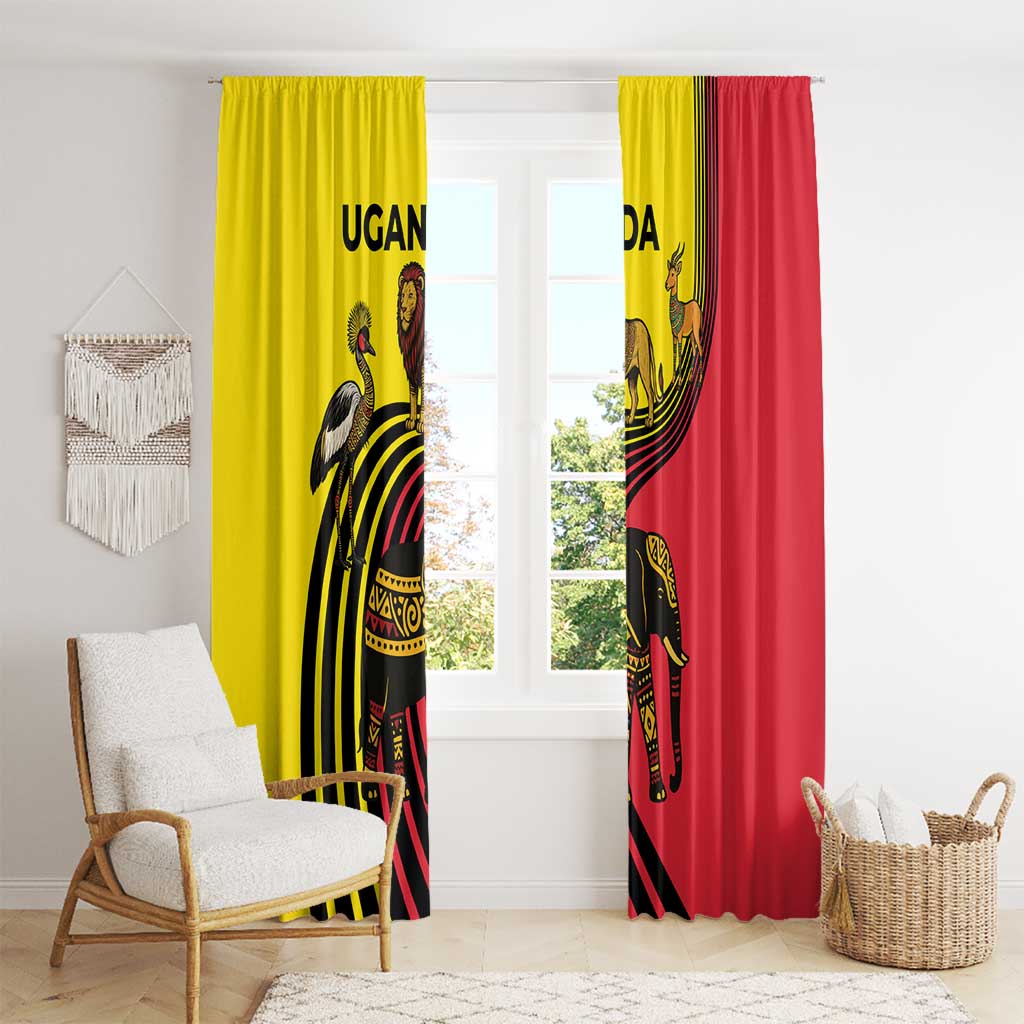 Uganda Window Curtain with African Wildlife Elephant Lion and Crane in Tribal Pattern Design