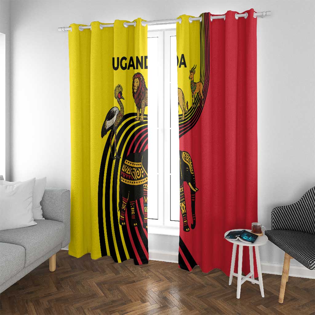 Uganda Window Curtain with African Wildlife Elephant Lion and Crane in Tribal Pattern Design