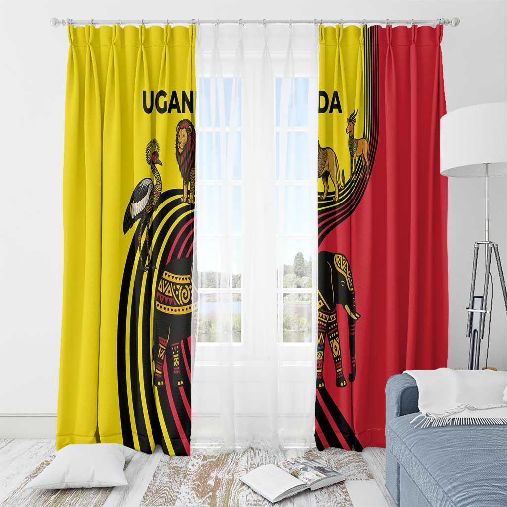 Uganda Window Curtain with African Wildlife Elephant Lion and Crane in Tribal Pattern Design