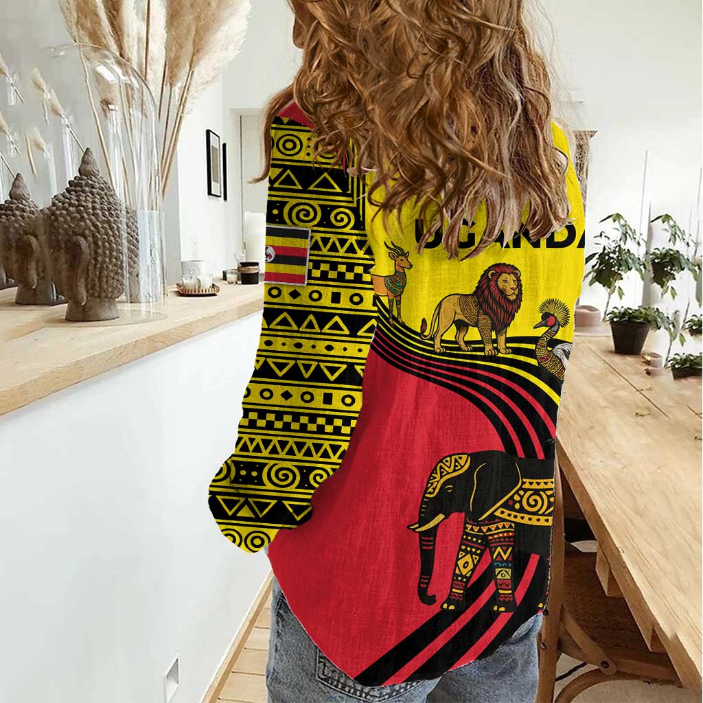Uganda Women Casual Shirt with African Wildlife Elephant Lion and Crane in Tribal Pattern Design