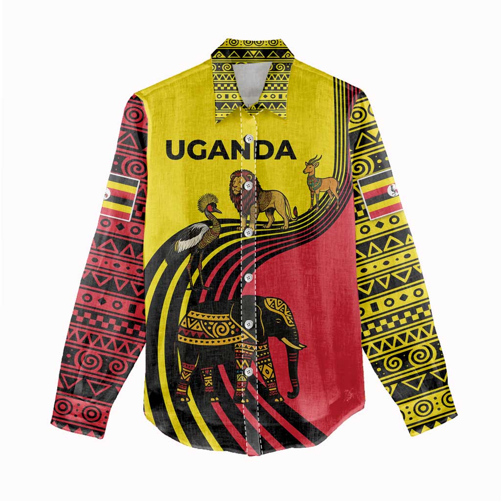 Uganda Women Casual Shirt with African Wildlife Elephant Lion and Crane in Tribal Pattern Design