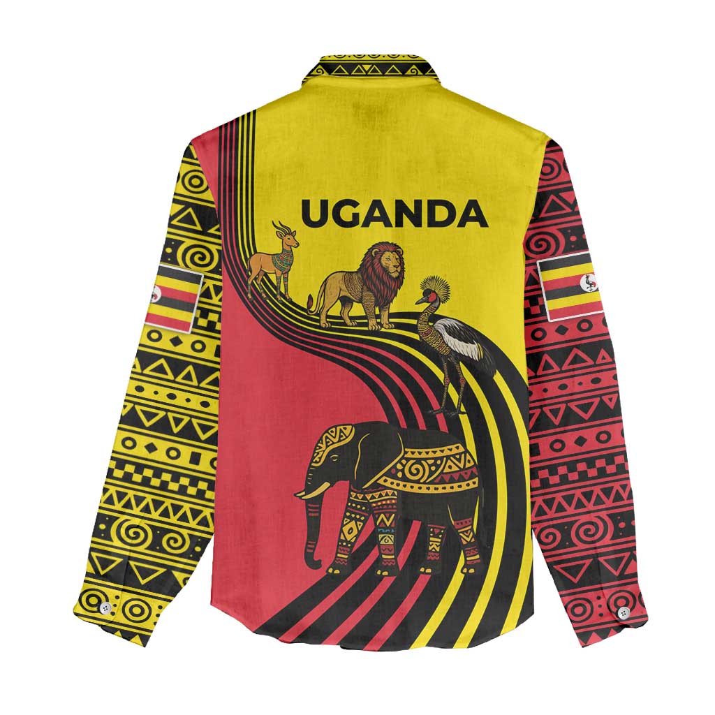 Uganda Women Casual Shirt with African Wildlife Elephant Lion and Crane in Tribal Pattern Design