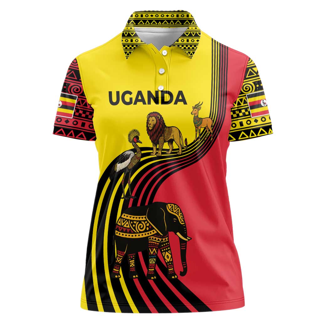 Uganda Women Polo Shirt with African Wildlife Elephant Lion and Crane in Tribal Pattern Design