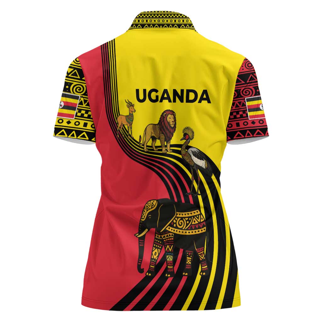 Uganda Women Polo Shirt with African Wildlife Elephant Lion and Crane in Tribal Pattern Design