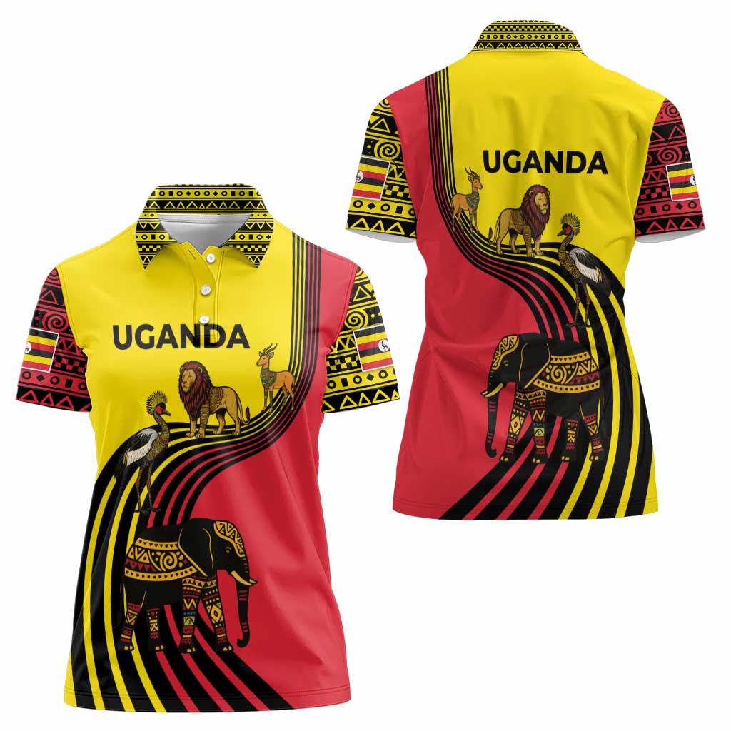 Uganda Women Polo Shirt with African Wildlife Elephant Lion and Crane in Tribal Pattern Design