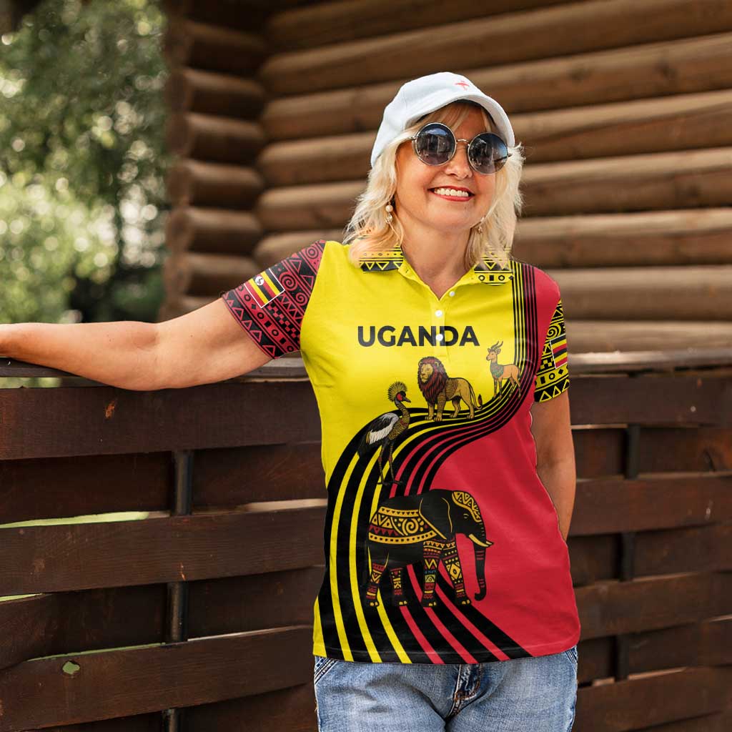 Uganda Women Polo Shirt with African Wildlife Elephant Lion and Crane in Tribal Pattern Design