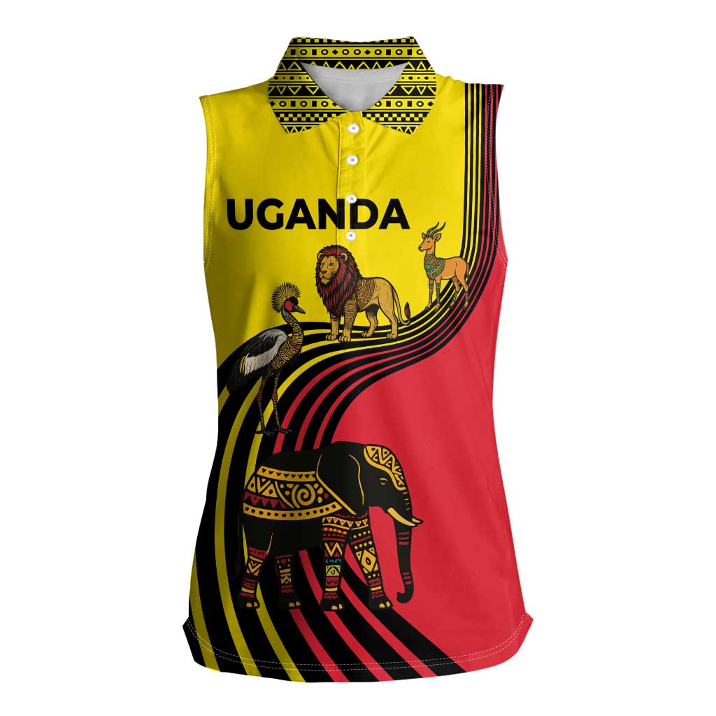 Uganda Women Sleeveless Polo Shirt with African Wildlife Elephant Lion and Crane in Tribal Pattern Design