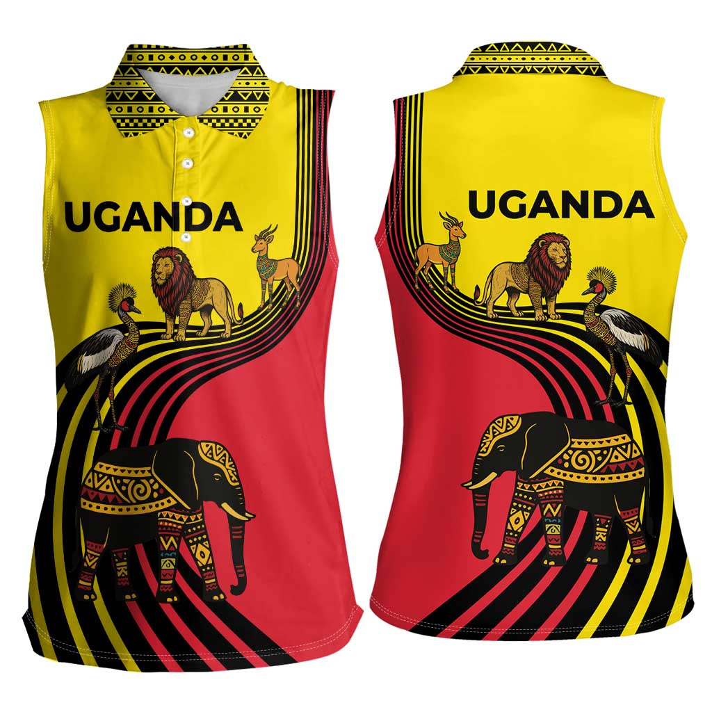 Uganda Women Sleeveless Polo Shirt with African Wildlife Elephant Lion and Crane in Tribal Pattern Design