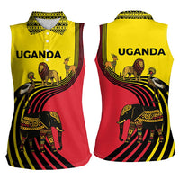 Uganda Women Sleeveless Polo Shirt with African Wildlife Elephant Lion and Crane in Tribal Pattern Design