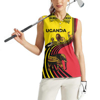 Uganda Women Sleeveless Polo Shirt with African Wildlife Elephant Lion and Crane in Tribal Pattern Design