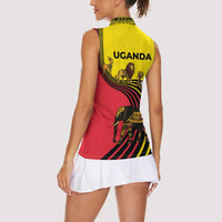 Uganda Women Sleeveless Polo Shirt with African Wildlife Elephant Lion and Crane in Tribal Pattern Design